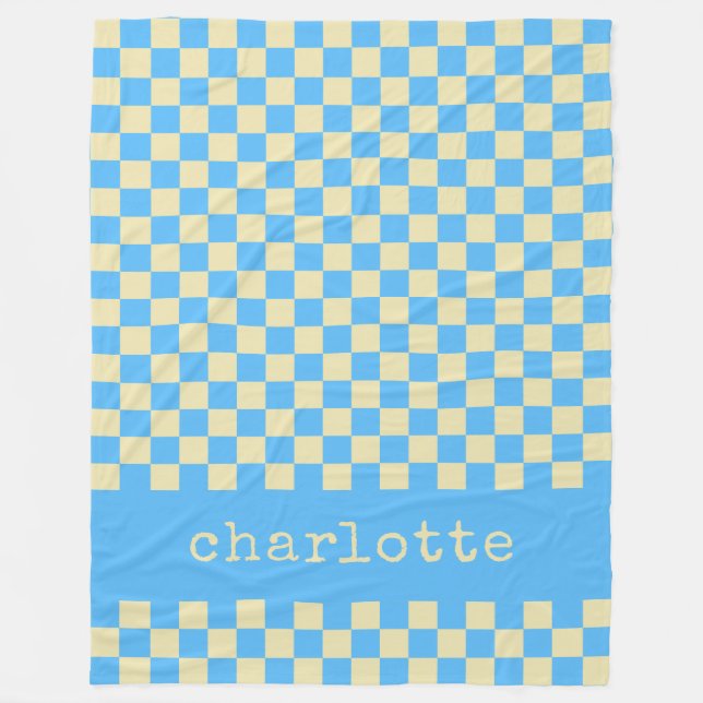 Retro Aesthetic Checkerboard Mönster Blue Namn Fleecefilt (Framsidan)