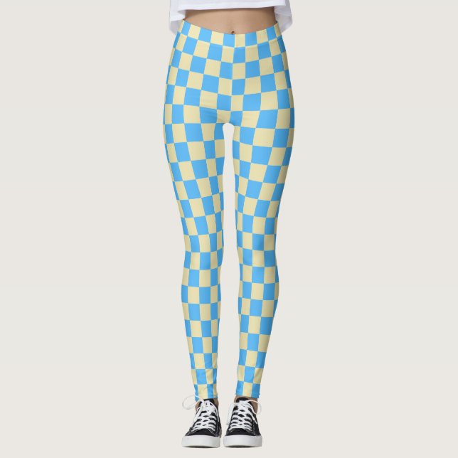 Retro Aesthetic Checkerboard Mönster Blue White Leggings (Framsida)