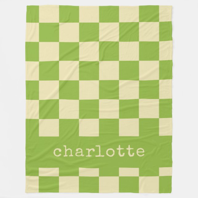 Retro Aesthetic Checkerboard Mönster Namn Grönt Fleecefilt (Framsidan)