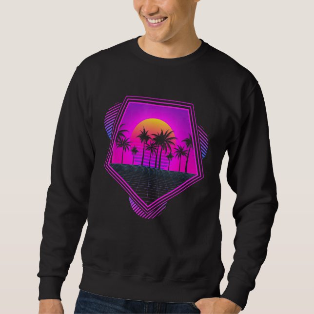 Retro Aesthetic Handflatan Träd Sunset 80 s Art Va Lång Ärmad Tröja (Framsida)