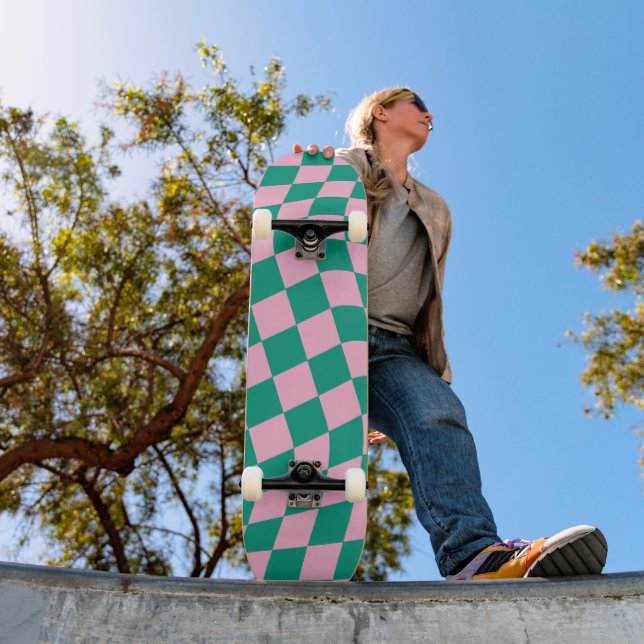 Retro Aesthetic Vibrant Pink Green Checkerboard Mini Skateboard Bräda 18,5 Cm (Utomhus 1)
