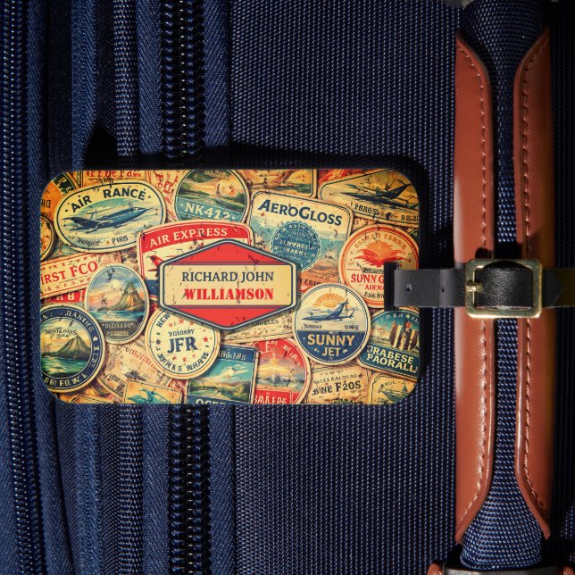 Retro Airline Style Custom Name Travel Stamps Bagagebricka (Framsida Insitu 4)