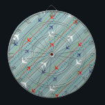 Retro Airplan Mönster Dart Board Piltavla<br><div class="desc">Sätt fast säkerhetsbältet. Detta Retro Airplan Mönster Dart Board är redo för start. Konstruktionen har linjer av röda, royal blå och vita, moderna flygplan i mitten av århundradet som flyger över en stålblå bakgrund. Tunn rand av orange, kalkgrönt och grått, liksom linjer av tealpunkter, tillför intresse till detta visuella biet...</div>