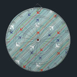 Retro Airplan Mönster Dart Board Piltavla<br><div class="desc">Sätt fast säkerhetsbältet. Detta Retro Airplan Mönster Dart Board är redo för start. Konstruktionen har linjer av röda, royal blå och vita, moderna flygplan i mitten av århundradet som flyger över en stålblå bakgrund. Tunn rand av orange, kalkgrönt och grått, liksom linjer av tealpunkter, tillför intresse till detta visuella biet...</div>
