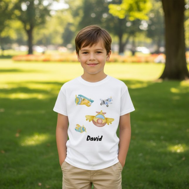 Retro Airplan Watercolor Customized Namn T Shirt (Skapare uppladdad)