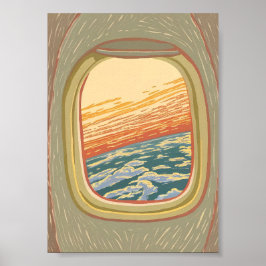 Retro Airplane Window View Sunset Clouds Travel  Poster