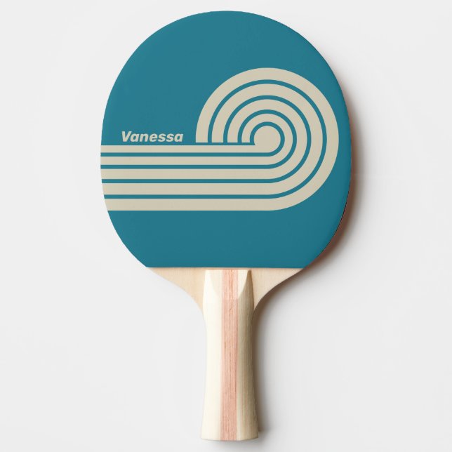 Retro Akvamarin Dubbelkrökta Ränder med Namn Pingisracket (Framsidan)