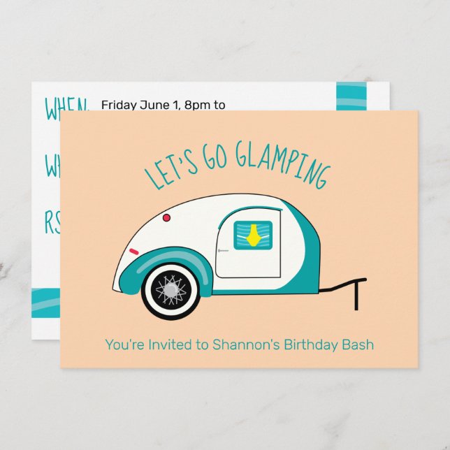 Retro Akvamarin Tåreformad Camping Glamping Inbjudningar (Fram/baksida)