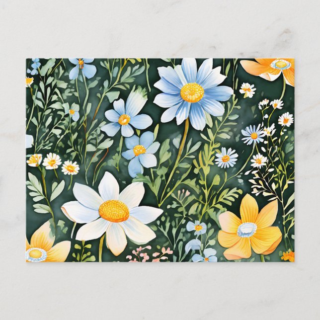 Retro akvarell vilda blommor sömlöst mönster vykort (Framsida)