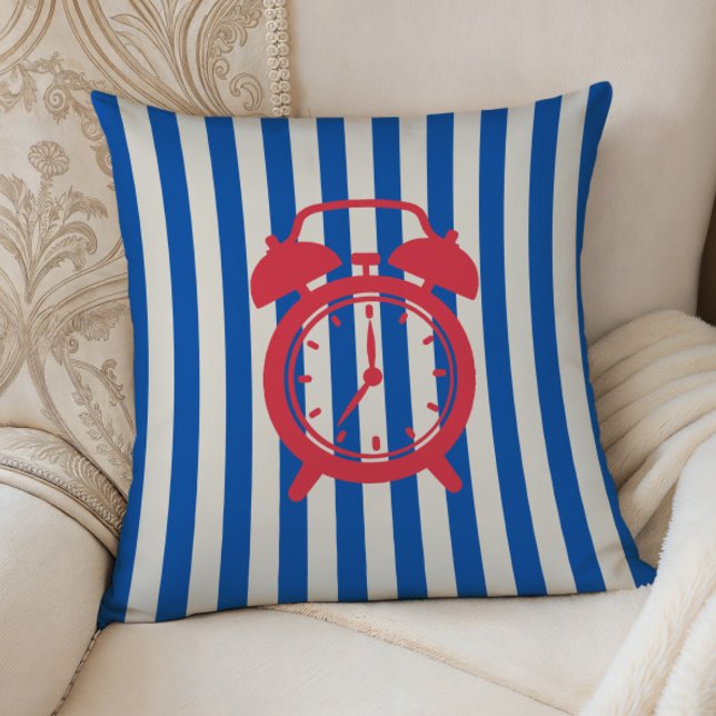 Retro Alarm Clock on Blue Stripes, Accent Pillow,  Kudde (Skapare uppladdad)