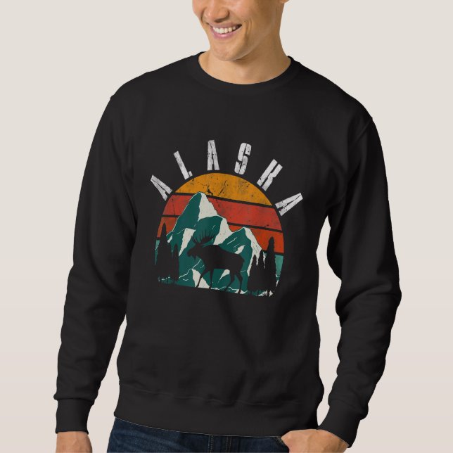 Retro Alaska Mountains Wildlife Moose Lång Ärmad Tröja (Framsida)