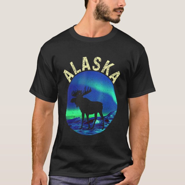 Retro Alaskansk Älg med Aurora Borealis Alaska Da T Shirt (Framsida)