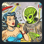 Retro Alien Science fiction Tecknader Fyrkantigt Klistermärke<br><div class="desc">Retro Alien Science fiction Tecknader</div>