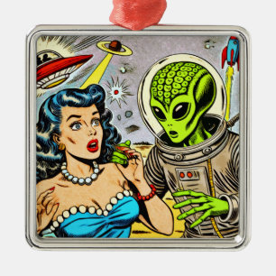 Retro Alien Science fiction Tecknader Julgransprydnad Metall
