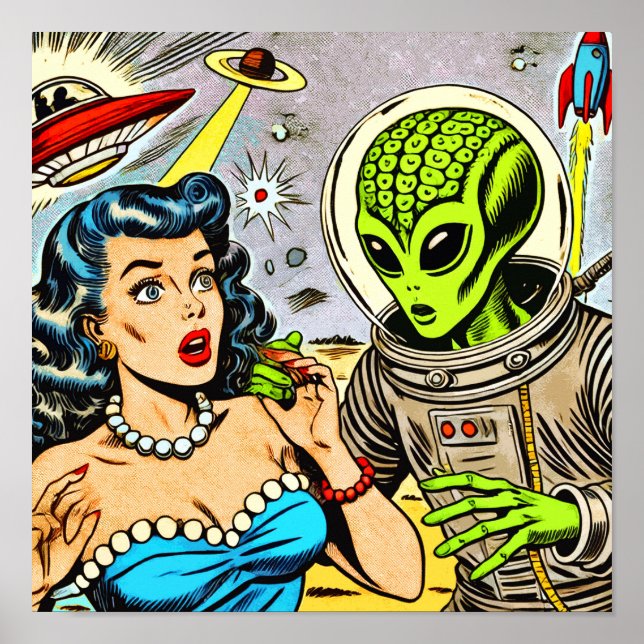 Retro Alien Science fiction Tecknader Poster (Framsidan)