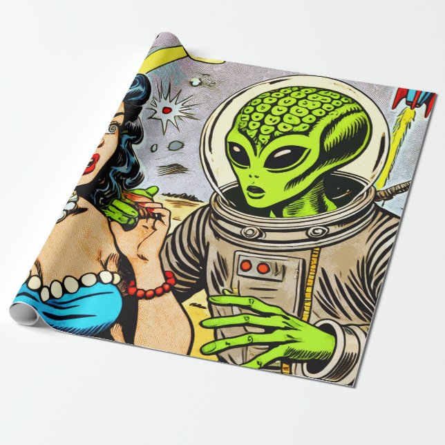 Retro Alien Science fiction Tecknader Presentpapper (Utrullad)