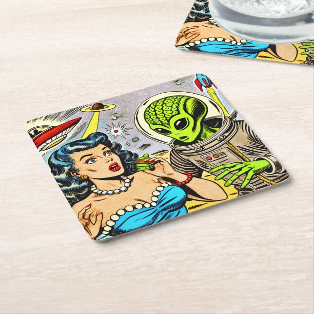 Retro Alien Science fiction Tecknader Underlägg Papper Kvadrat (Vinklad)