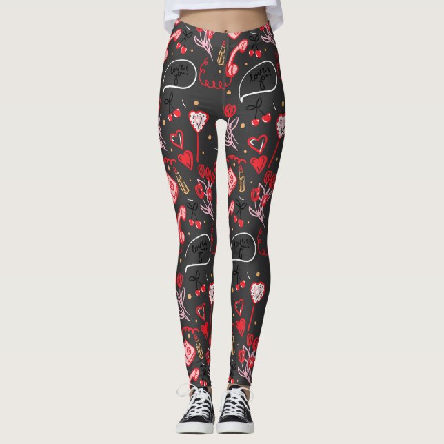 Retro Alla hjärtans dag Kärleksdoodles Leggings (Framsida)