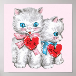 Retro Alla hjärtans dag-katter, Vintage Fluffiga K Poster