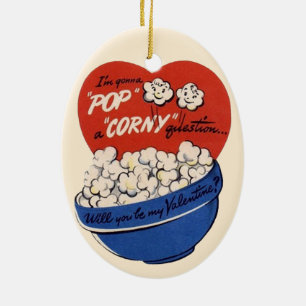 Retro Alla hjärtans dag, Popcorn Ställ en Fånig Fr Julgransprydnad Keramik