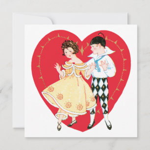 Retro Alla hjärtans dag, Vintage Harlequin och hjä Julkort