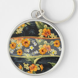 Retro Aloha Shirt och Hibiscus Rund Silverfärgad Nyckelring