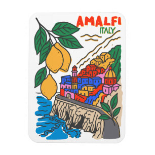 Retro Amalfi Italien Medelhavet Konst Handritad Magnet