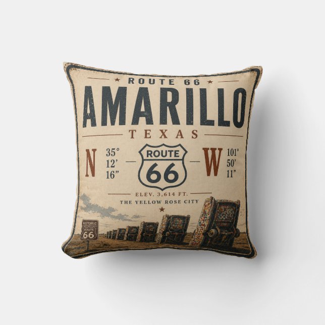 Retro Amarillo Rutt 66 Koordinater Kudde (Framsida)