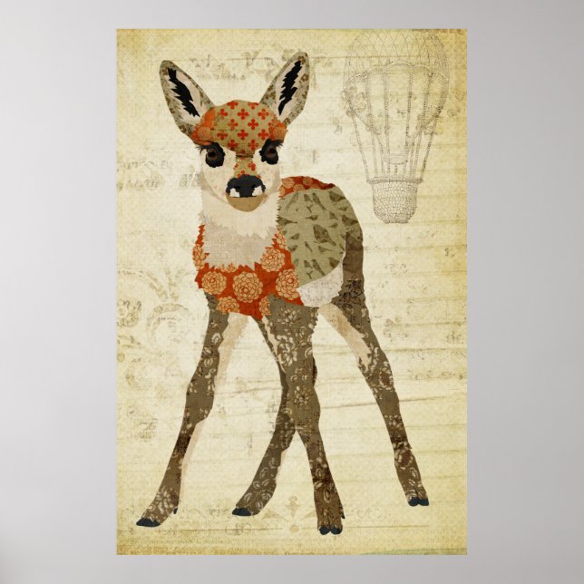 Retro Amber Blommigt Fawn Art Poster (Framsidan)