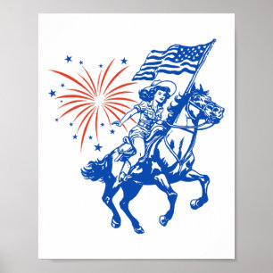 Retro American Cowgirl Horse 4:e juli USA flagga Poster