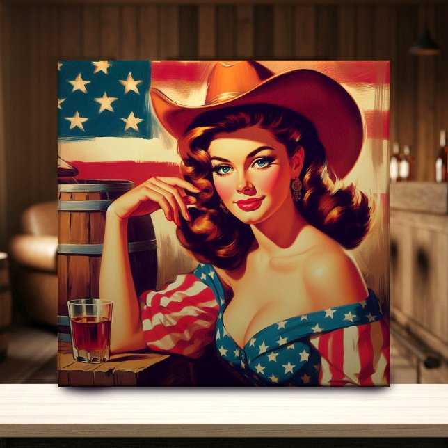 Retro American Cowgirl Pinup Kakelplatta (Skapare uppladdad)