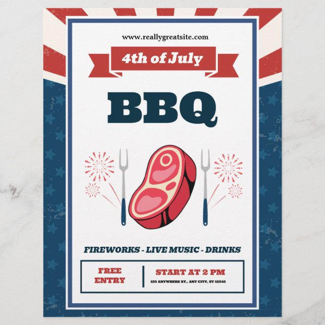 Retro American Flagga, 4:e juli BBQ Party Reklamblad (Framsidan)