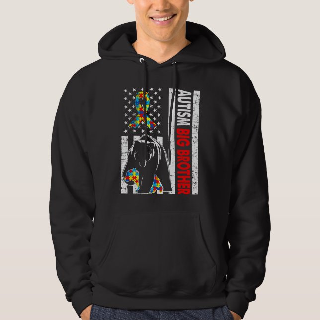 Retro American Flagga Autism Big Brother Bear Awar Hoodie (Framsida)