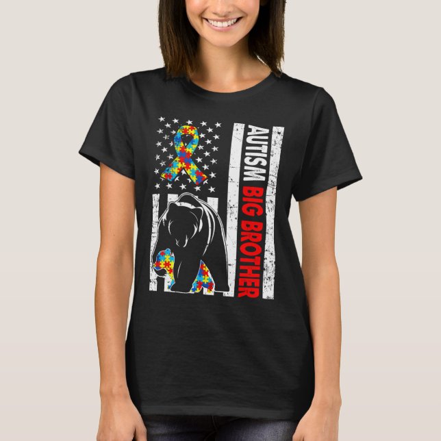 Retro American Flagga Autism Big Brother Bear Awar T Shirt (Framsida)