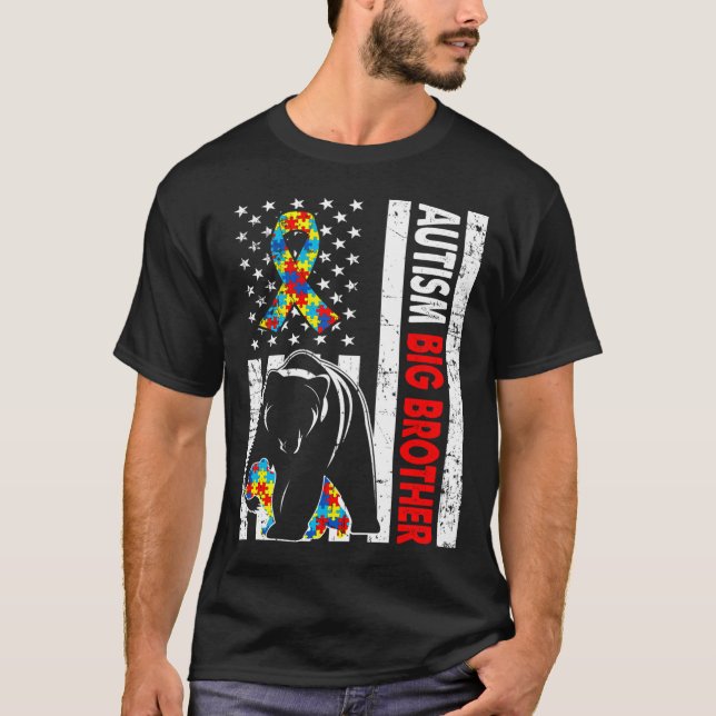 Retro American Flagga Autism Big Brother Bear Awar T Shirt (Framsida)