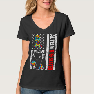 Retro American Flagga Autism Big Sister Bear Aware T Shirt