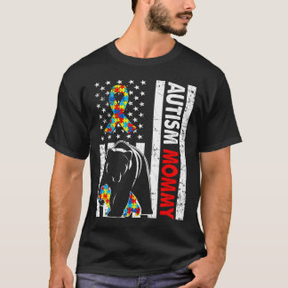 Retro American Flagga Autism Mamma Bear Awareness T Shirt