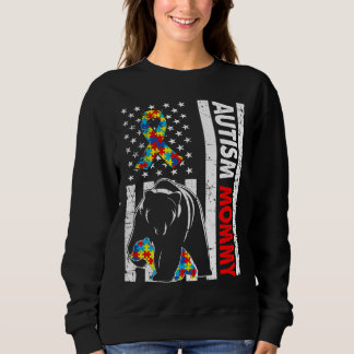 Retro American Flagga Autism Mamma Bear Awareness T Shirt
