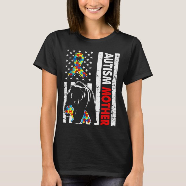 Retro American Flagga Autism Mor Bear Awareness F T Shirt (Framsida)