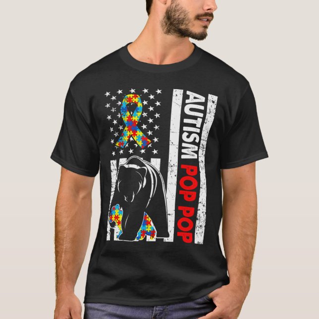 Retro American Flagga Autism Pop Pop Bear Awarenes T Shirt (Framsida)