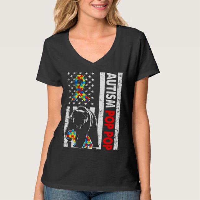 Retro American Flagga Autism Pop Pop Bear Awarenes T Shirt (Framsida)