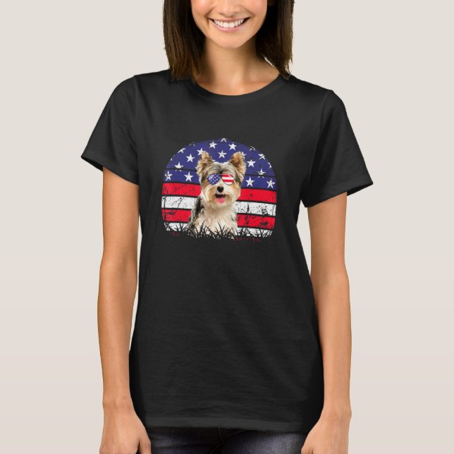 Retro American Flagga Hund Yorkshire Terrier Patri T Shirt (Framsida)