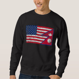 Retro American Flagga & Nepal Flagga Patriotic Lång Ärmad Tröja