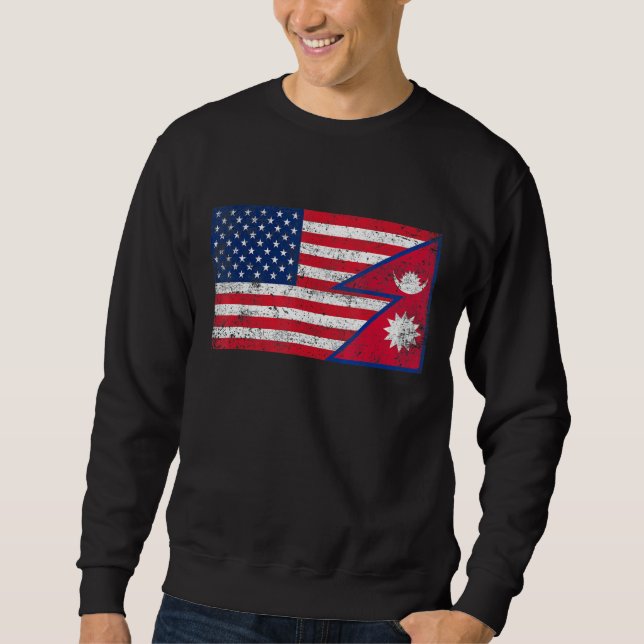 Retro American Flagga & Nepal Flagga Patriotic Lång Ärmad Tröja (Framsida)