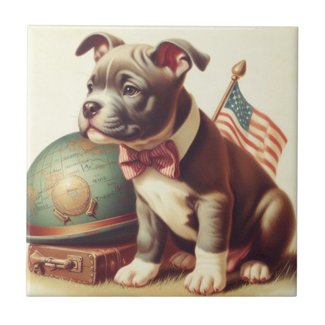 Retro American Pit Bull Terrier Painting Kakelplatta (Framsidan)