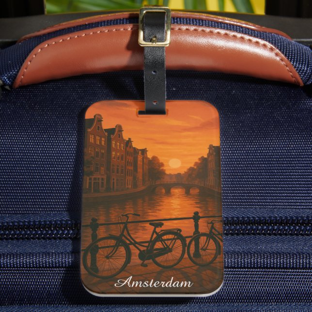 Retro Amsterdam Nederländerna Grachten Sunset Glow Bagagebricka (Framsida Insitu 2)