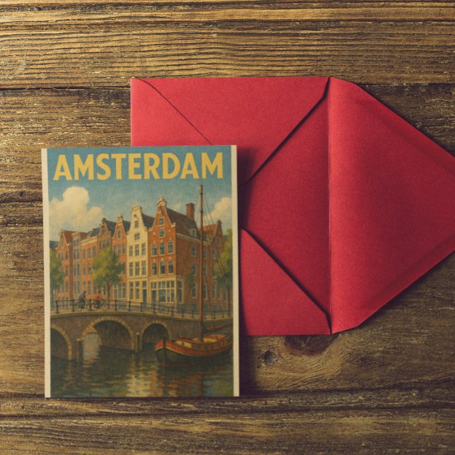 Retro Amsterdam Nederländerna Grachten Vykort (Retro Amsterdam Netherlands Grachten Postcard)