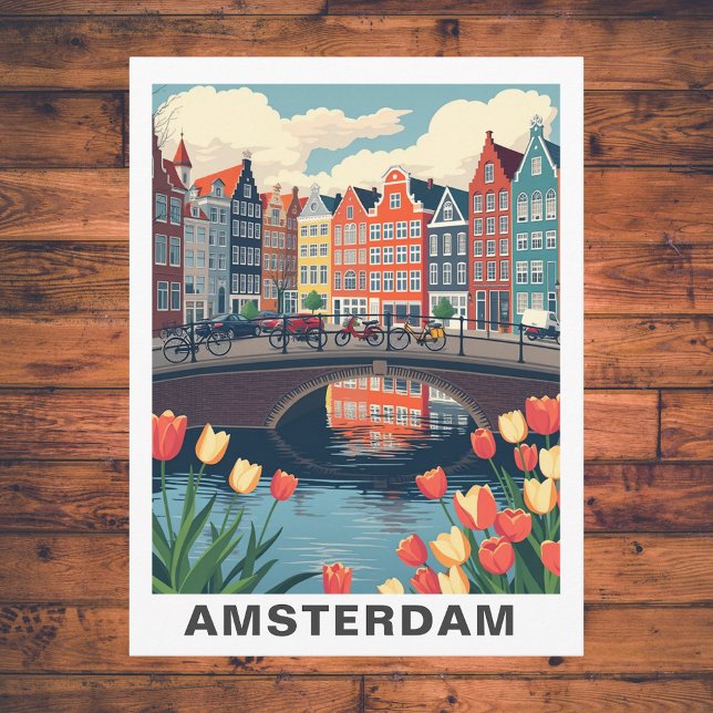 Retro Amsterdam Nederländerna Resa Cykel Vykort (Retro Amsterdam Netherlands Travel Bicycle Postcard
)