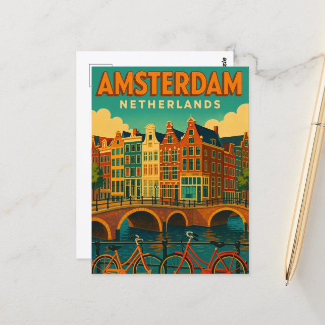 Retro Amsterdam Nederländerna Vykort (Fram/Back In Situ)
