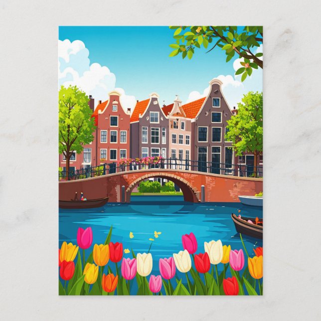 Retro Amsterdam Resa Med Tulpaner Vykort (Framsida)